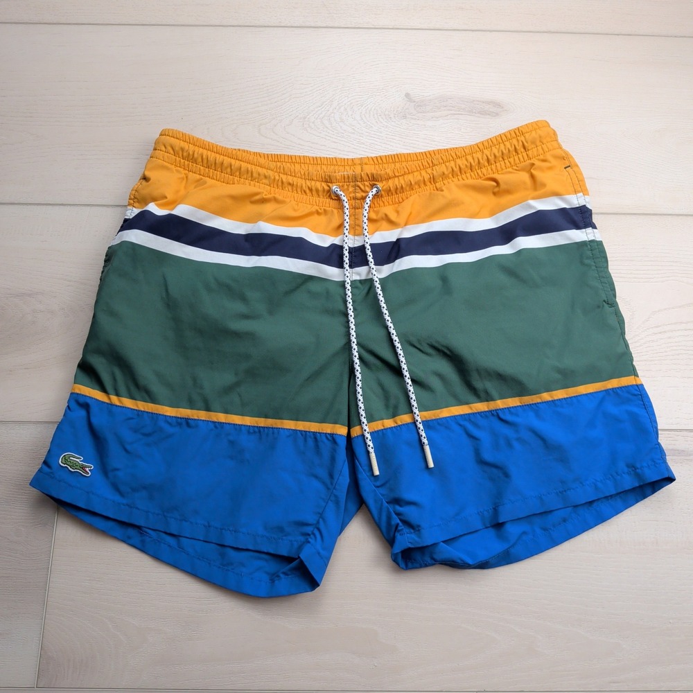 Lacoste Swim Trunks Mens L Mesh Lined Colorblock Yellow Green Blue Stripe MH2764